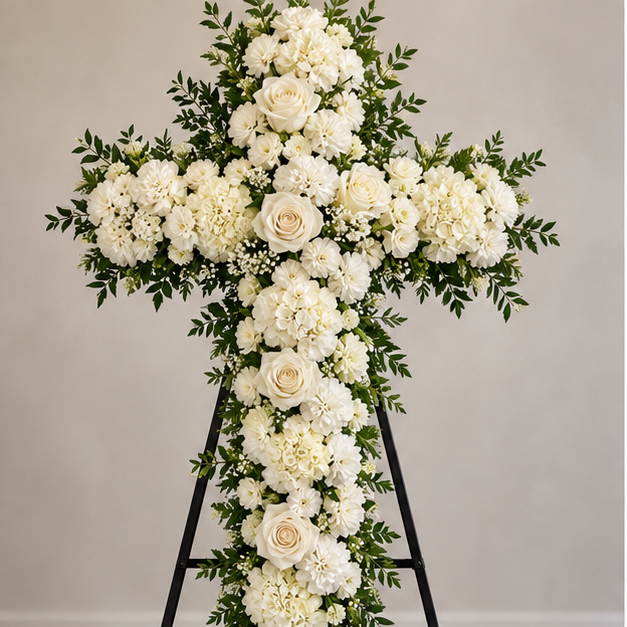 White floral standing cross funeral tribute on easel for memorial services