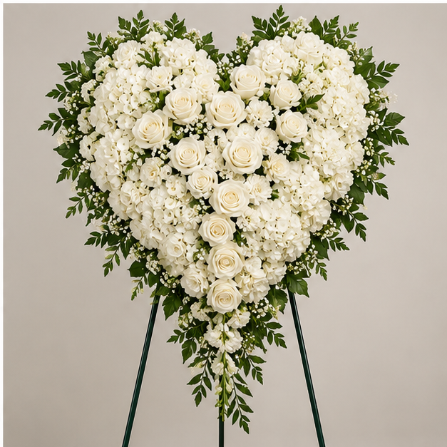 White floral standing heart funeral tribute on easel for memorial and funeral services