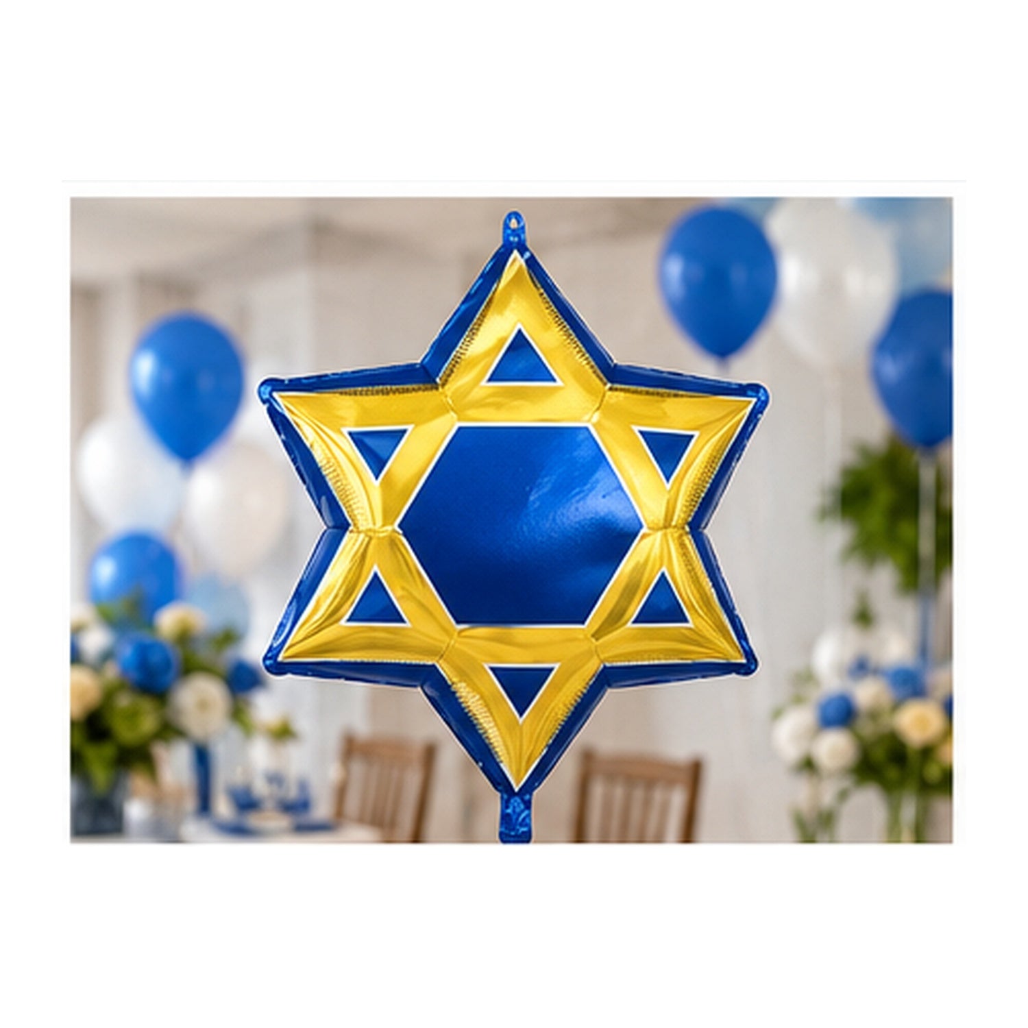 Blue and gold Star of David foil balloon styled for a Jewish celebration