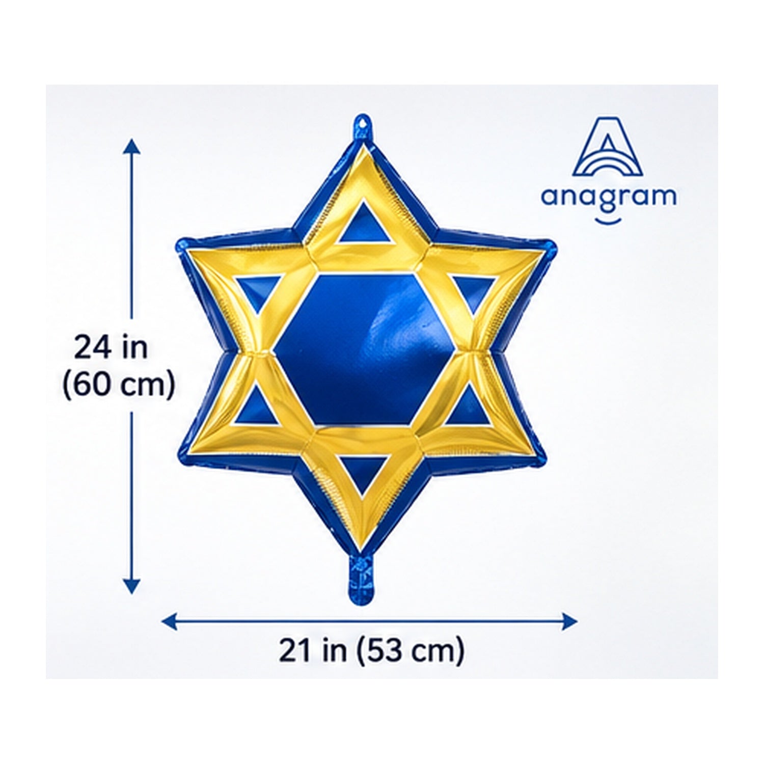 Blue and gold Star of David foil balloon dimensions, approximately 21 by 24 inches inflated