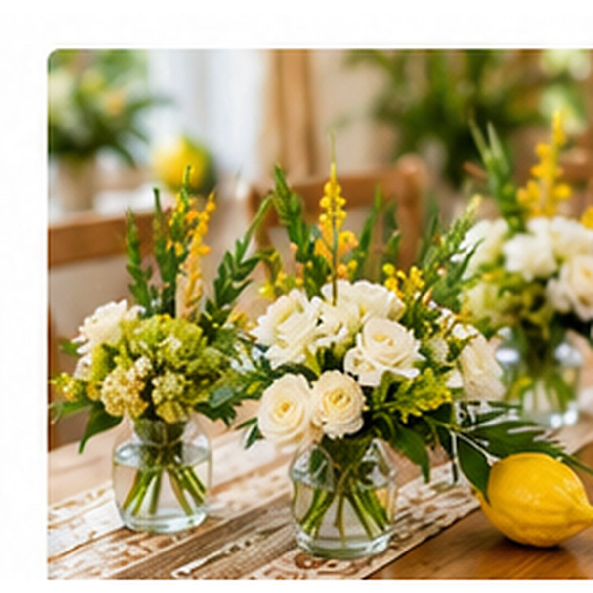 Sukkot bud vase trio with three mini fresh flower arrangements in white, green and yellow