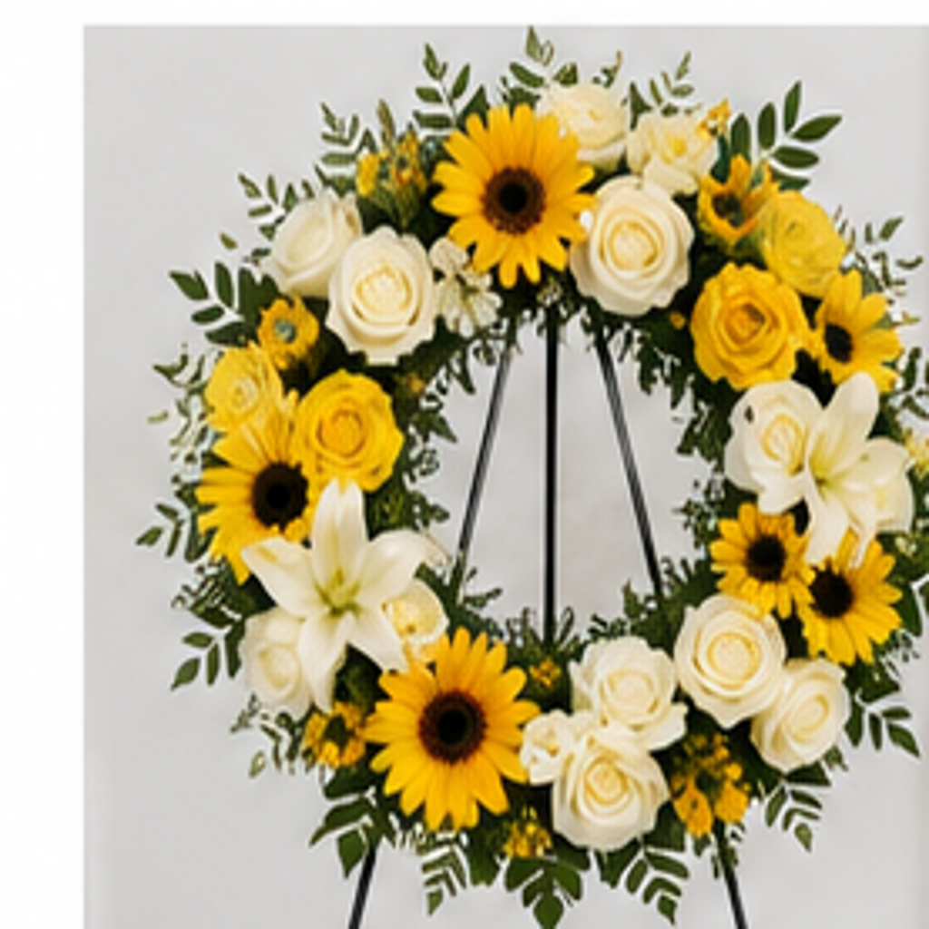 Yellow sunflower and white rose remembrance funeral wreath on easel