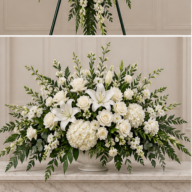 Large white and green sympathy floor urn arrangement with lilies roses and hydrangea
