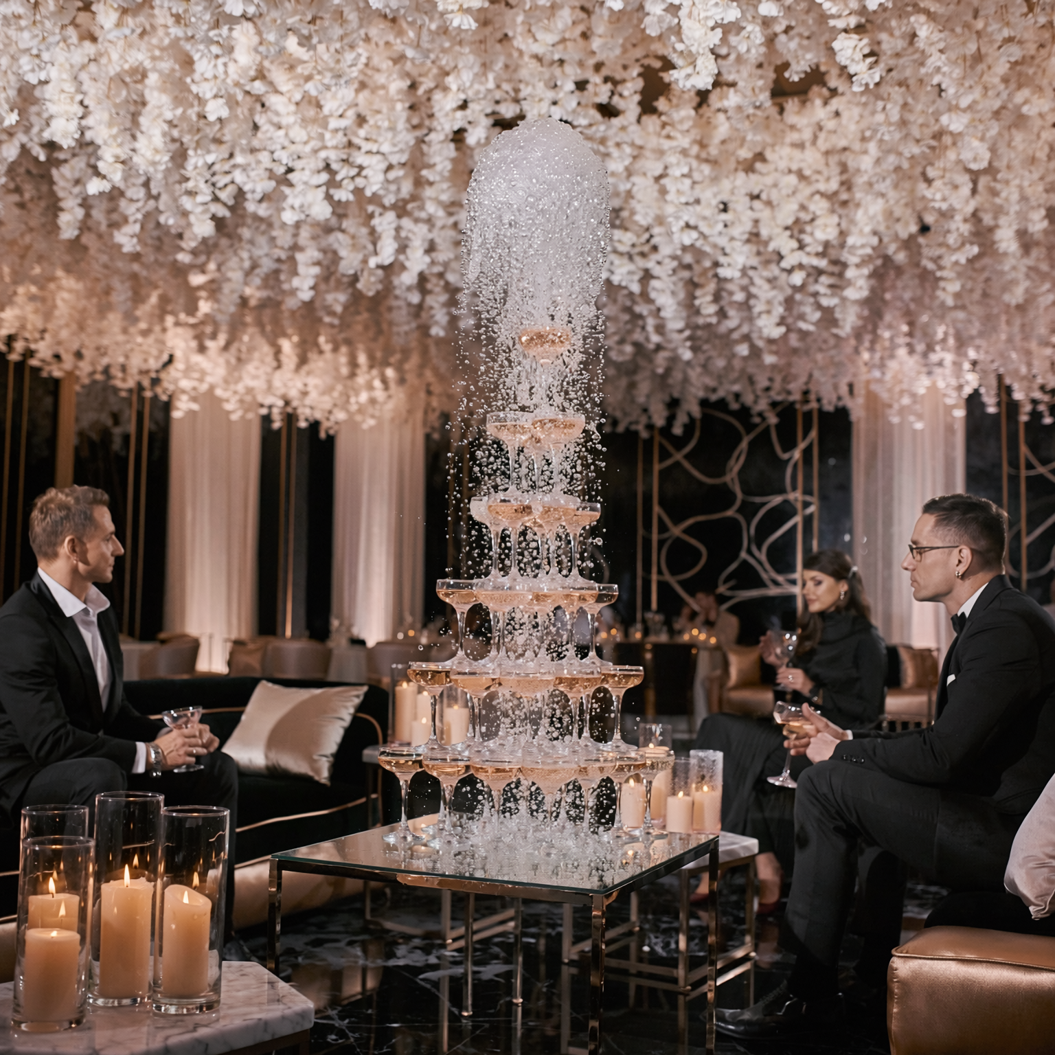 Ultimate Black Label private after-proposal celebration with white floral ceiling and candlelit black and gold lounge