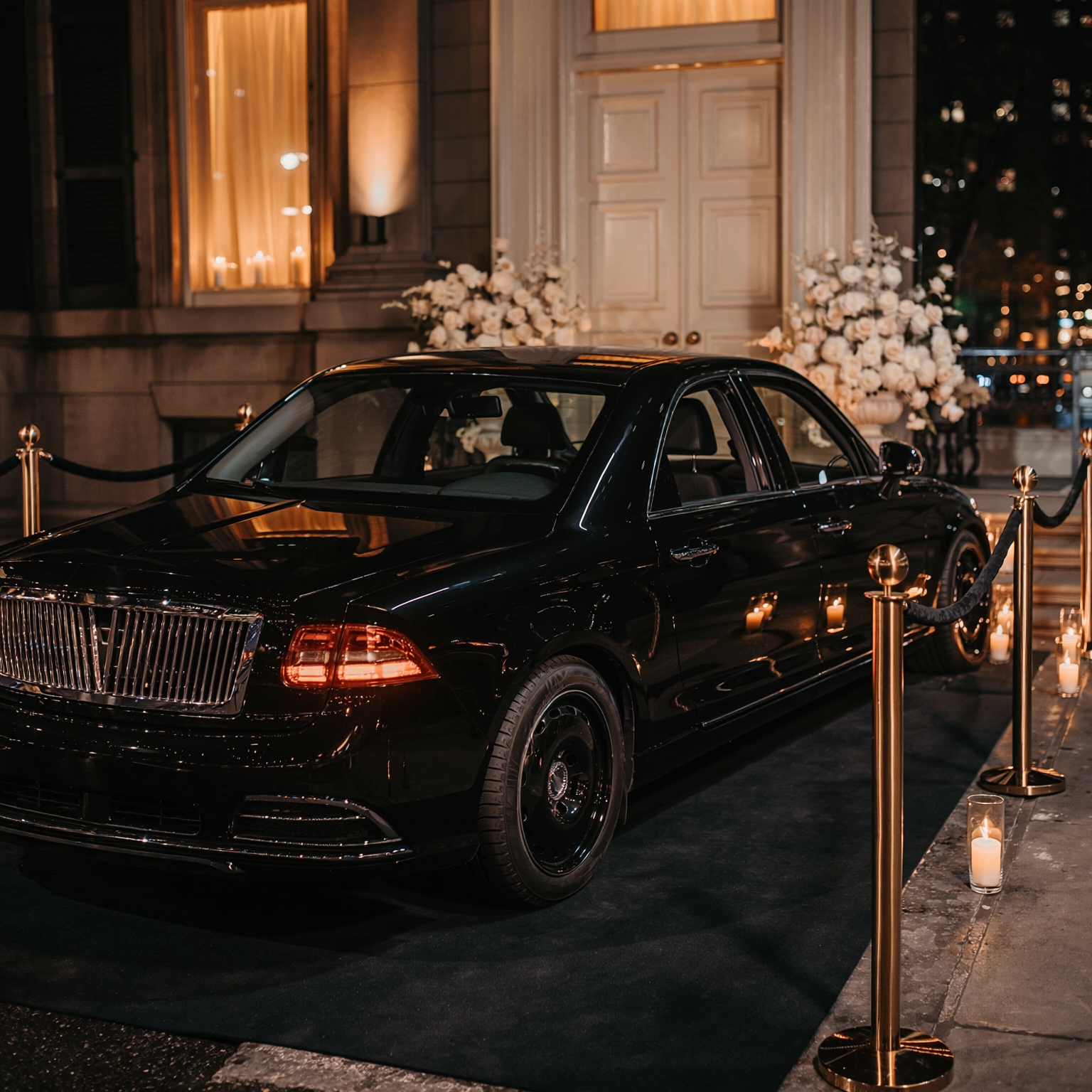 Ultimate Black Label luxury chauffeur arrival at a candlelit Manhattan proposal venue