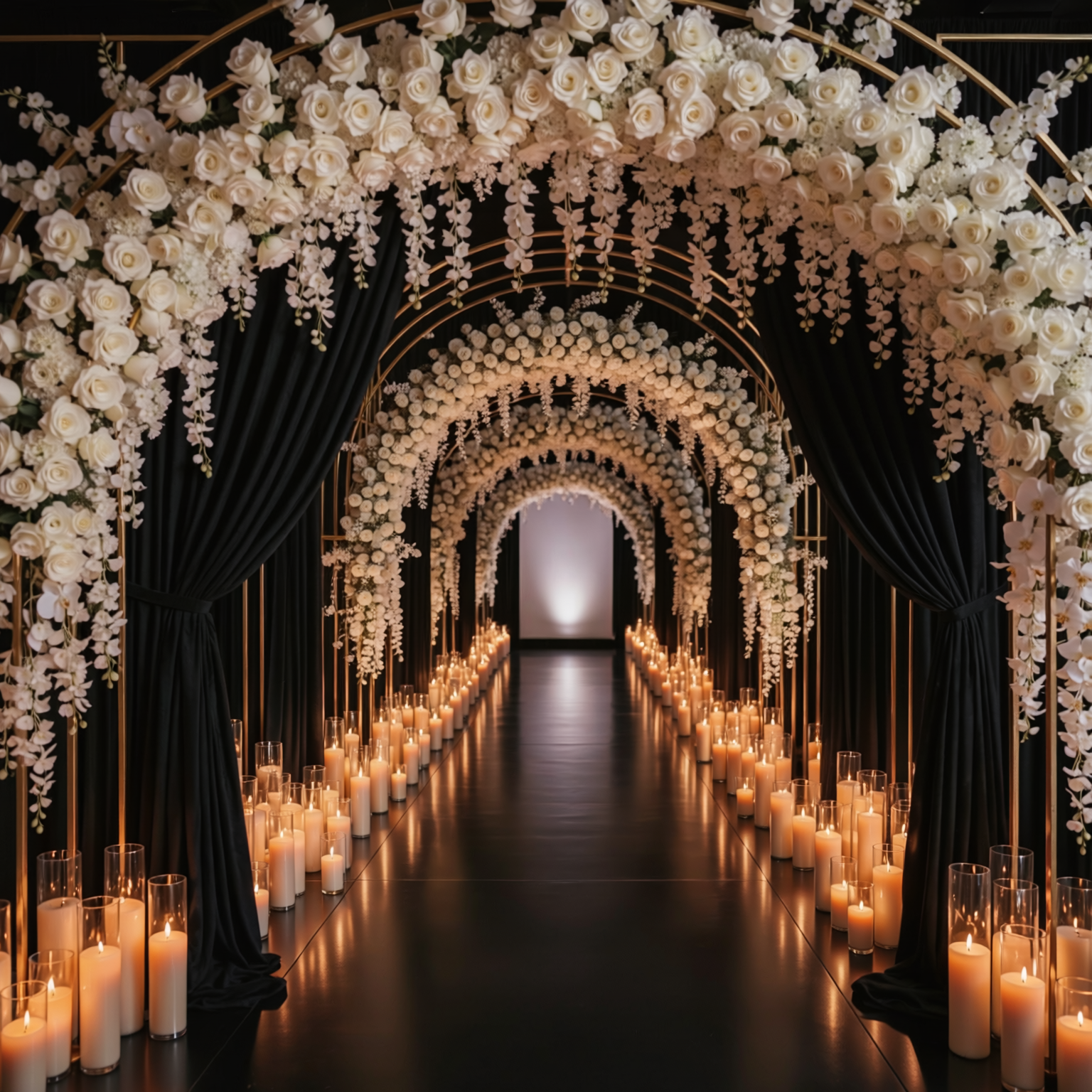 Ultimate Black Label floral tunnel with white roses, orchids, black velvet draping and candlelight