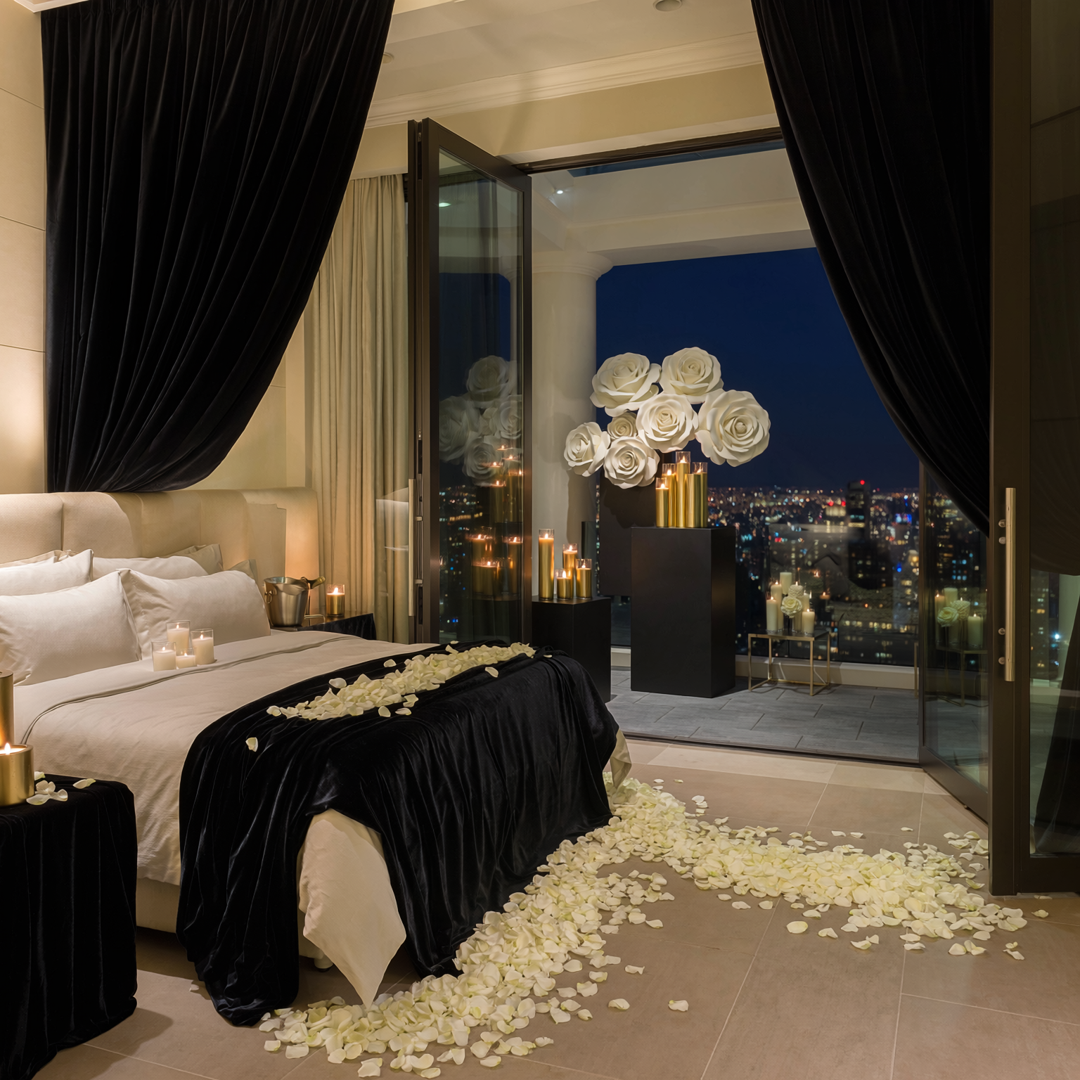 Ultimate Black Label luxury hotel suite proposal with black velvet, white flowers and candlelight