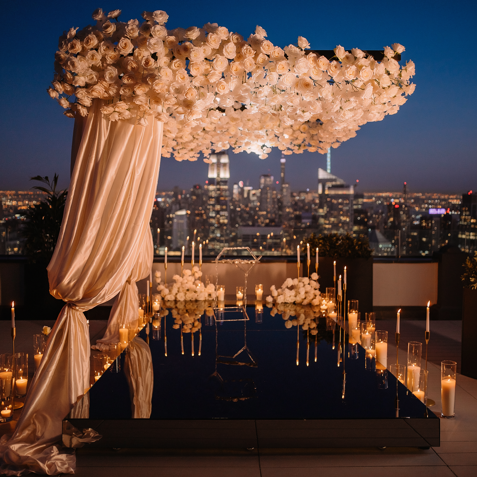 Ultimate Black Label luxury NYC rooftop marriage proposal with white floral canopy and candlelight