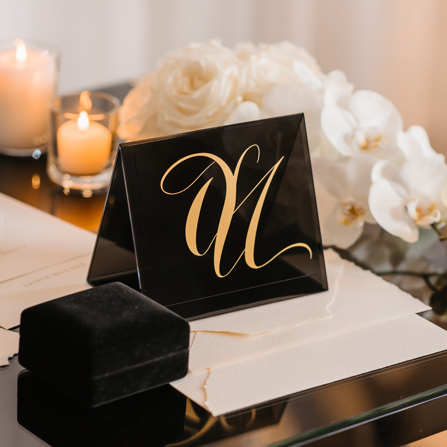 Ultimate Black Label bespoke personalization details with black acrylic, gold calligraphy and white florals