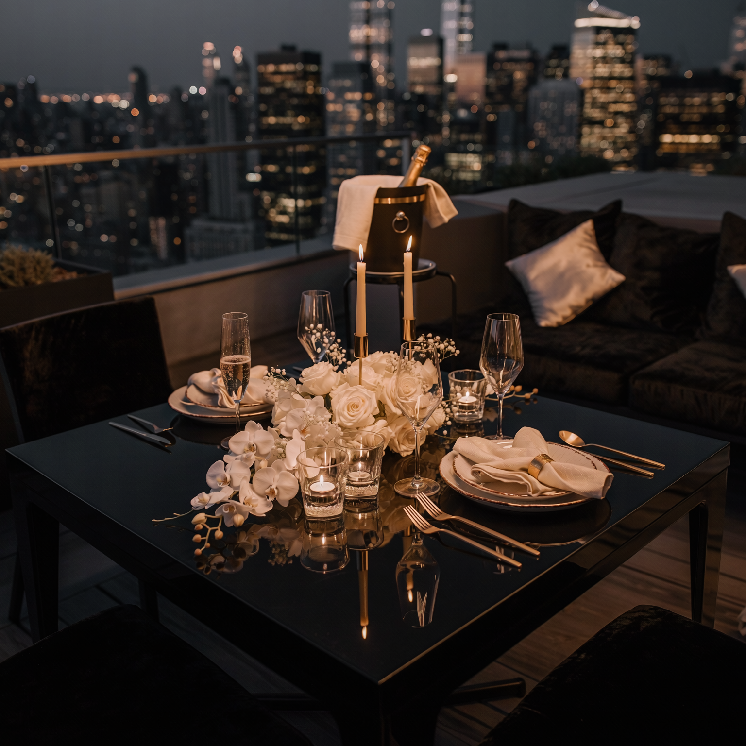 Ultimate Black Label private rooftop dinner for two with black, gold and white floral styling