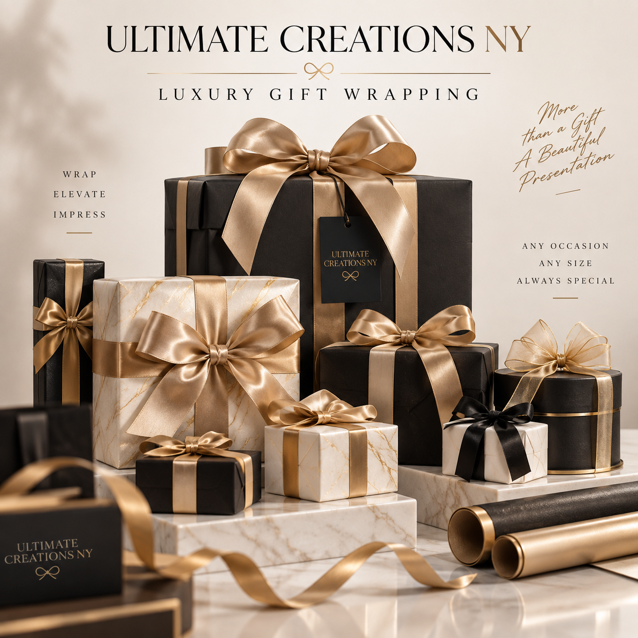 Illustrative luxury gift wrapping by Ultimate Creations NY, featuring black and ivory gift boxes with champagne-gold satin bows.