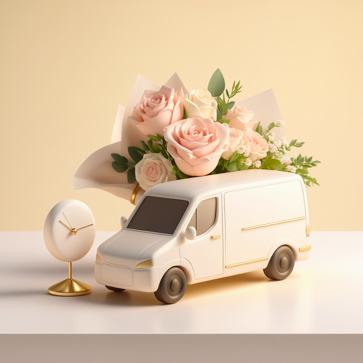 Concept illustration of a delivery van, flowers and clock for the optional Rush Delivery Upgrade at Ultimate Creations NY.