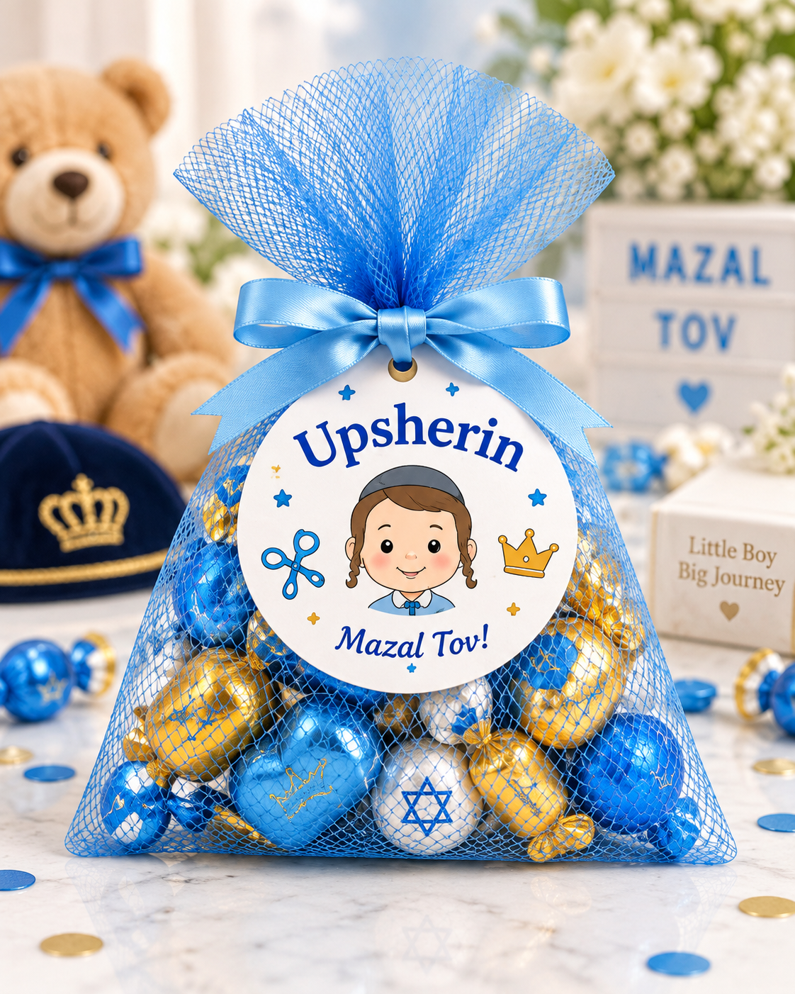 Upsherin Peckeleh blue mesh candy favor bag for Jewish first haircut celebration