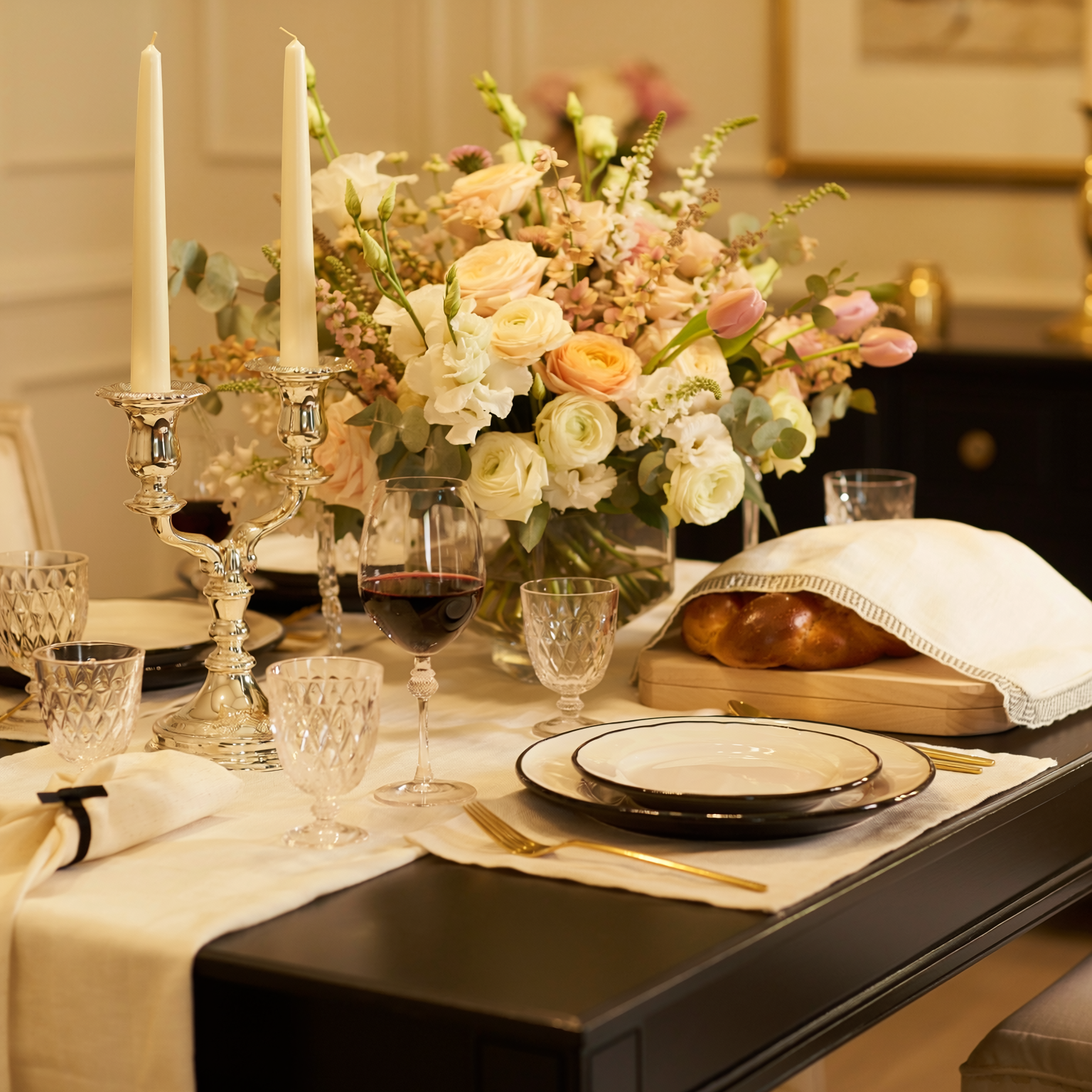 Weekly Shabbat Flower Subscription elegant Friday table with fresh seasonal flowers